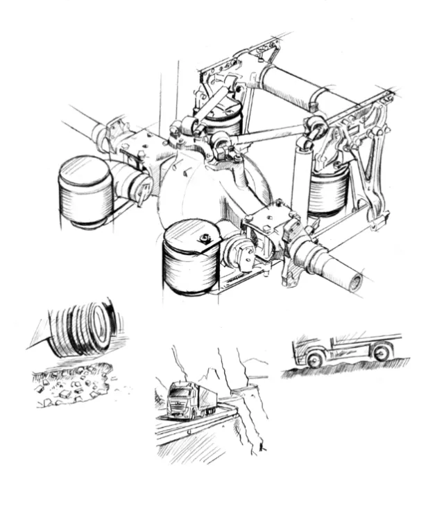 Technical pen-and-ink drawing of a vehicle suspension system by Andreas Schickert