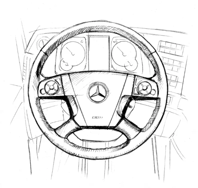 Sketch of Mercedes-Benz steering wheel and dashboard by Andreas Schickert