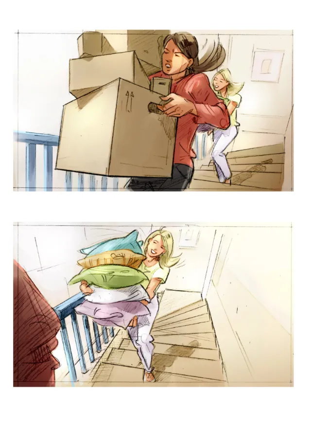 Storyboard illustration of room arrangement