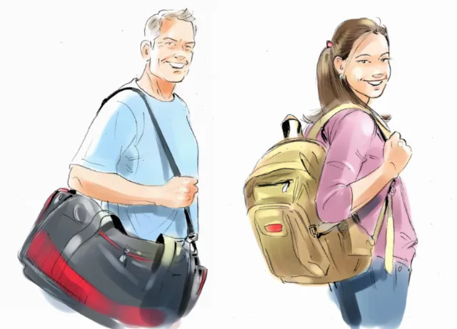 art of men and girl holding bag
