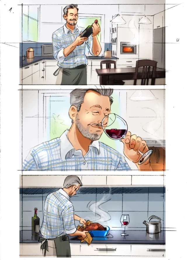 Storyboard illustration of glass of rose wine in dinner