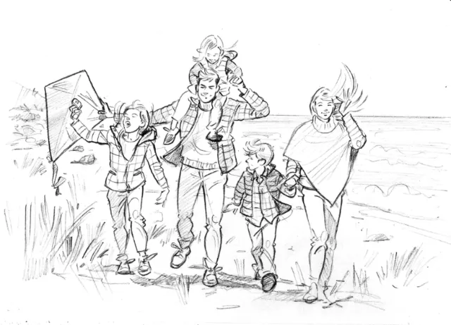 Sketch art of family walking