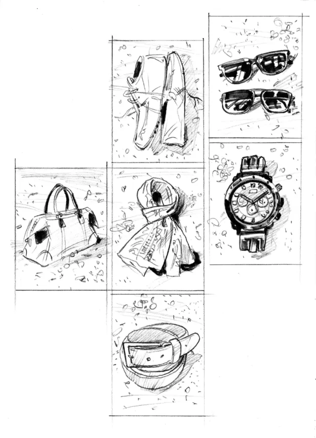 Black and white drawing of fashion accessories