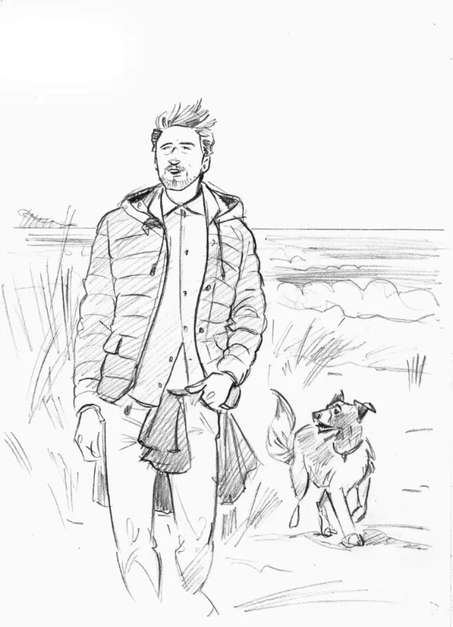 Paper drawing of man with dog