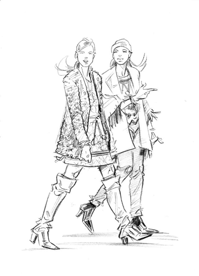 Sketch art of women vintage fashion