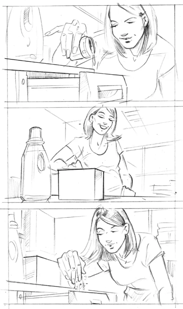 Storyboard illustration of filling water in bottle