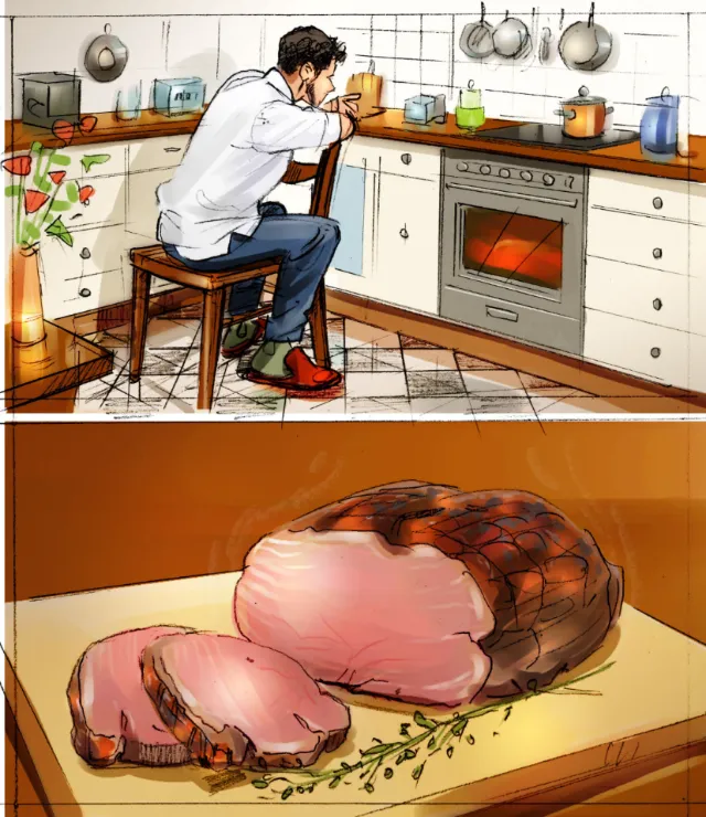 Storyboard illustration of cutting chicken