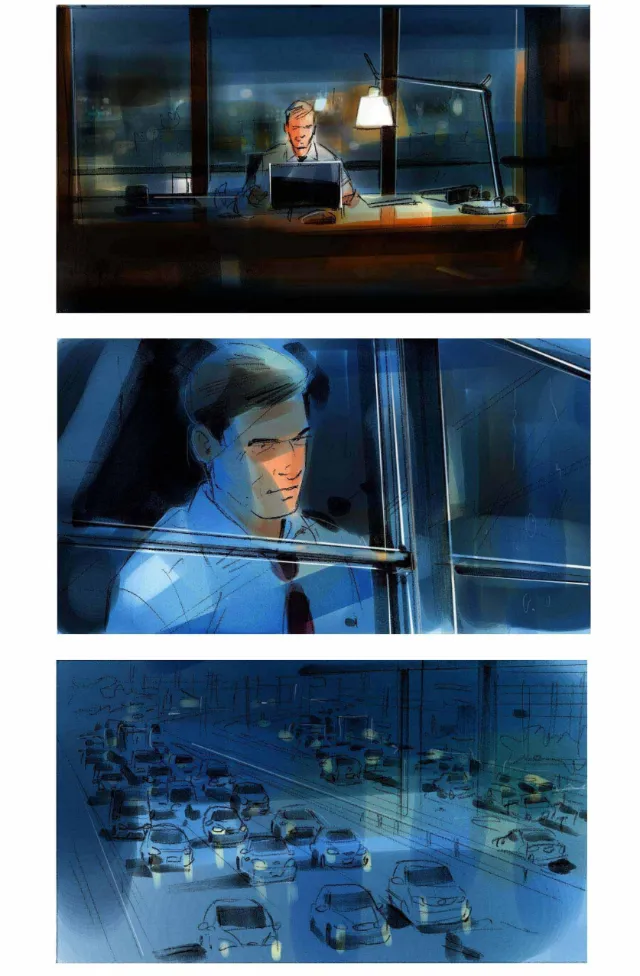 Late night work storyboard illustration