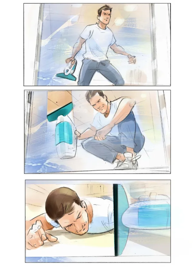 Storyboard illustration of cleaning house