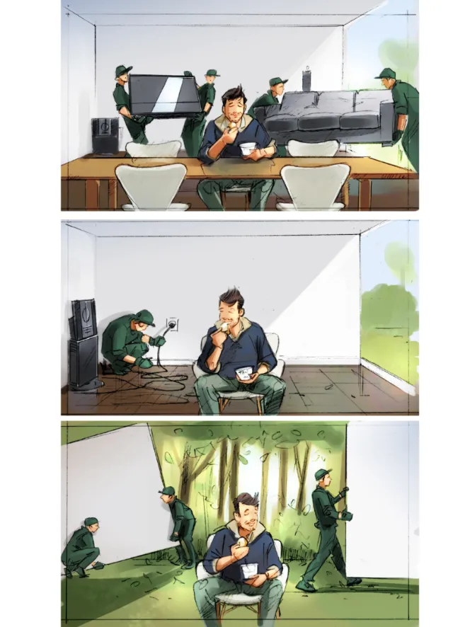 Storyboard illustration of film shooting