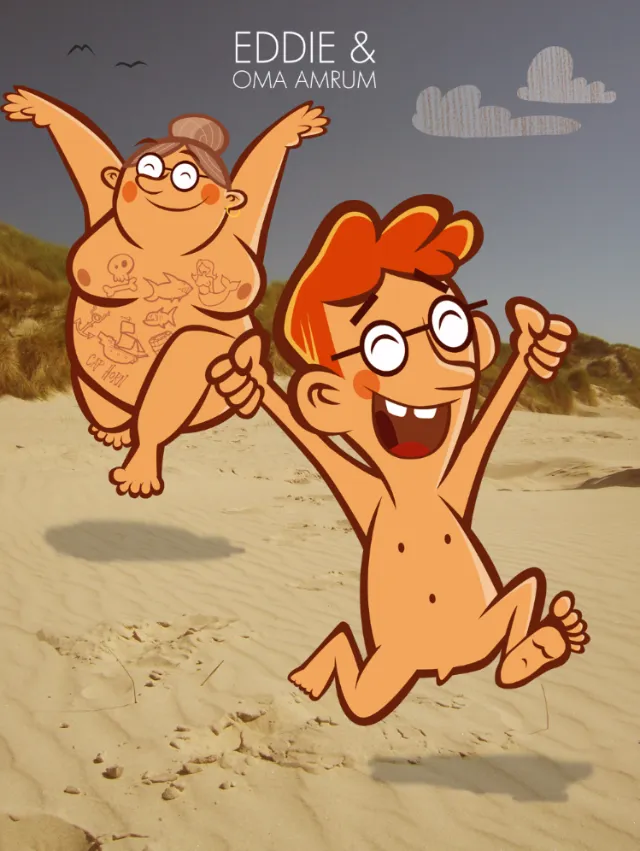 Cartoon characters Eddie and Oma Amrum running on a sunny beach by Thies Schwarz