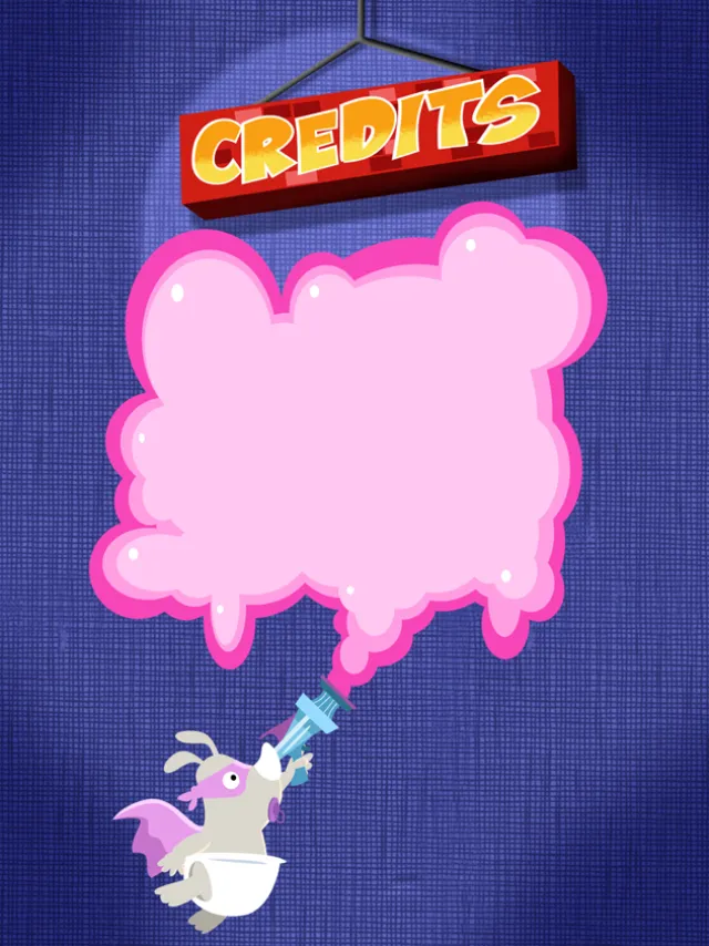 Cartoon dragon blowing pink cloud under credits sign by Thies Schwarz