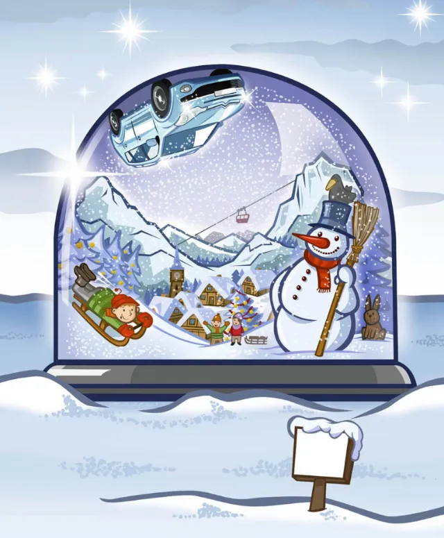 Snow globe with snowy village, snowman, sledding child, cable car, and upside-down car by Thies Schw