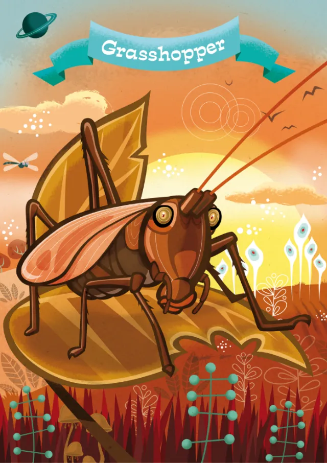 Grasshopper illustration by Thies Schwarz showing insect on leaf at sunset