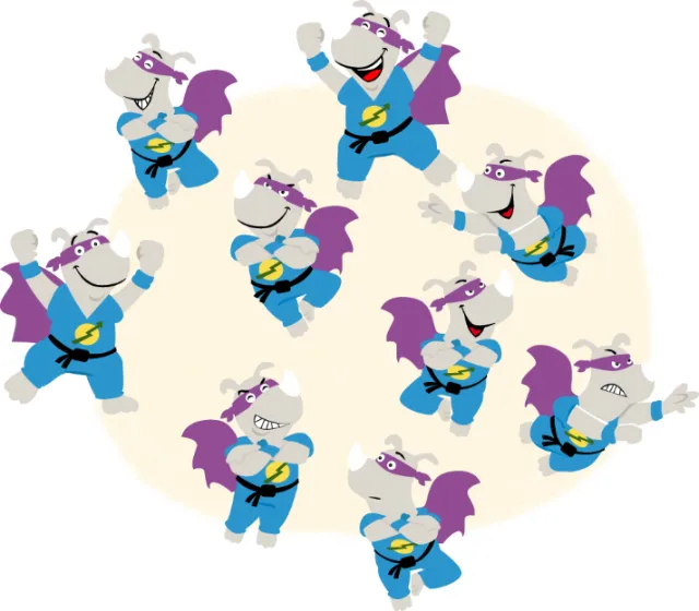 Multiple superhero hippos in blue costumes and purple capes by Thies Schwarz