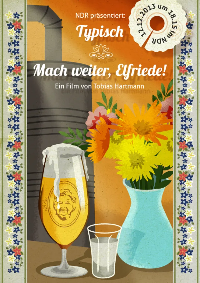 Film poster showing flowers in blue vase and a beer glass on table by Thies Schwarz