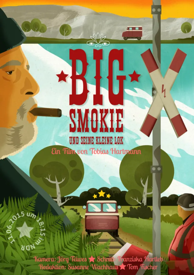 Big Smokie film poster featuring a man smoking a cigar, train, and railroad crossing, by Thies Schwa