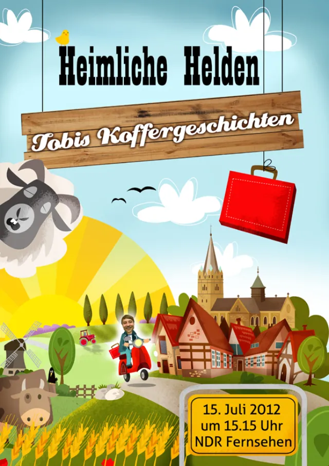 Illustration of village, man on scooter, and red suitcase by Thies Schwarz