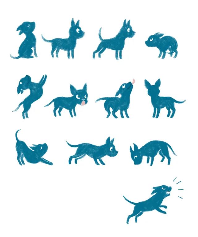 Illustration of twelve blue dog silhouettes in various poses by Katharina Madesta