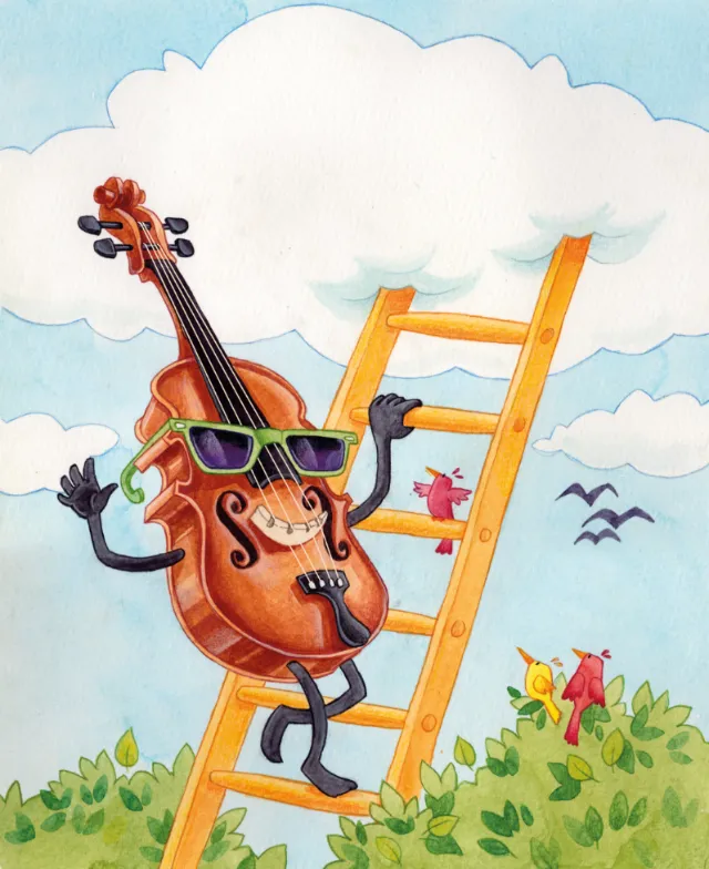 Cartoon violin with sunglasses climbing ladder by Katharina Madesta