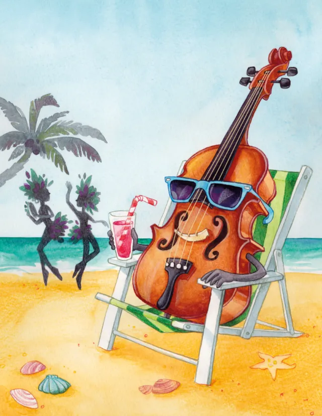 Violin wearing sunglasses sitting on beach chair with drink by ocean by Katharina Madesta
