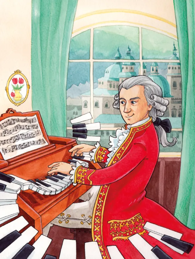 Classical composer in red coat playing piano with large keys by window, artwork by Katharina Madesta