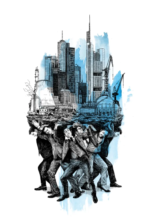 People carrying city on their shoulders