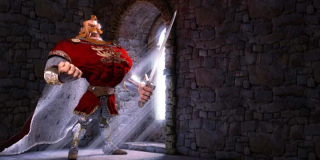 Medieval knight in red armor holding a sword near window, by Carsten Mell