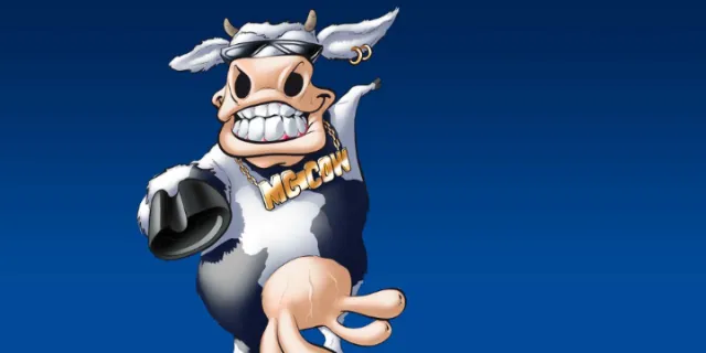 Cartoon cow with McCow necklace pointing and smiling by Carsten Mell