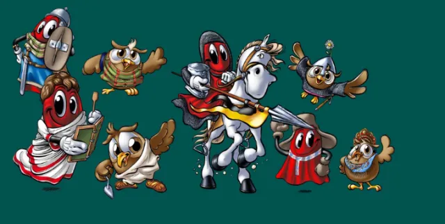Cartoon knights and owls in a colorful medieval scene by Carsten Mell