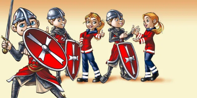 Cartoon Vikings playing with modern girls by Carsten Mell