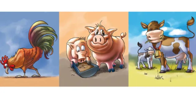 Cartoon rooster, pigs, and cows in colorful panels by Carsten Mell