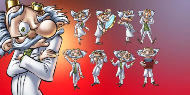 Cartoon scientist character in various poses by Carsten Mell