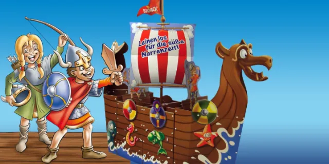 Cartoon Viking ship with characters and decorations by Carsten Mell