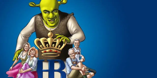 Shrek holding a crown with four people seated nearby by Carsten Mell
