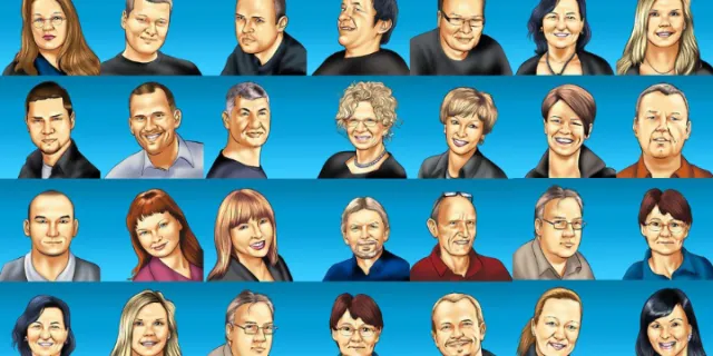 Group portrait of diverse adults smiling, illustrated by Carsten Mell