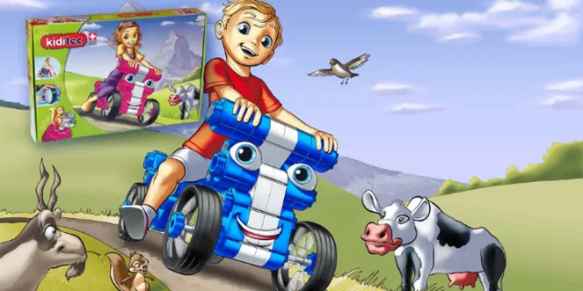 Boy riding a blue scooter near a cow and goat by Carsten Mell