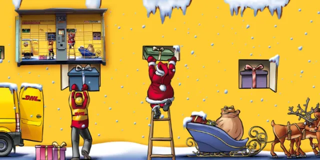 Santa Claus delivering gifts from ladder at snowy yellow building by Carsten Mell