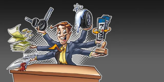 Cartoon of a multitasking businessman with papers, phone, trophy, laptop by Carsten Mell