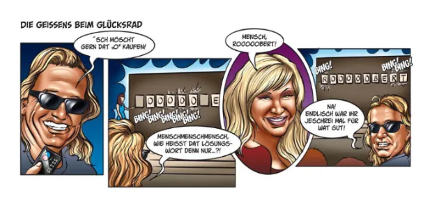 Comic strip showing characters discussing displayed results, artwork by Carsten Mell