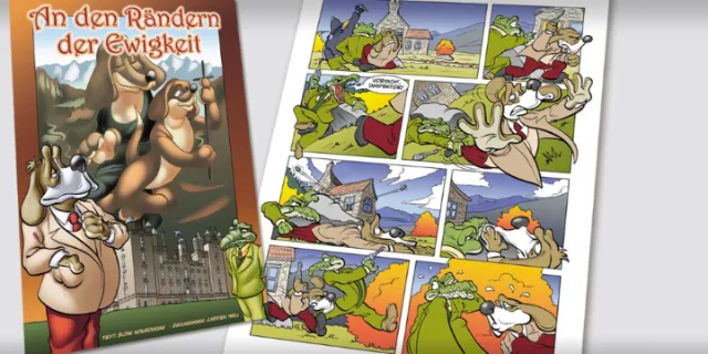 Comic panels with anthropomorphic animals in humorous outdoor scenes by Carsten Mell