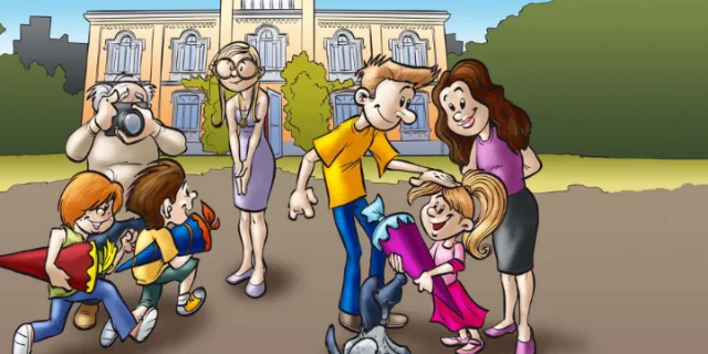 Family with children and a photographer in a park, illustration by Carsten Mell