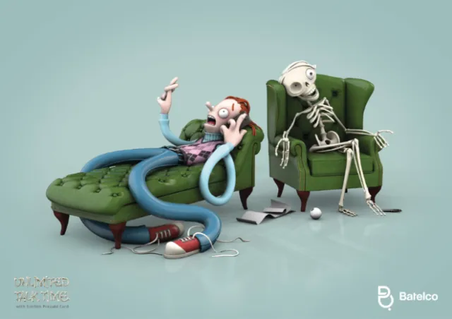 3d man and skeleton relaxing
