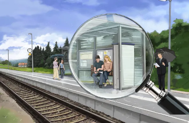 storyboard sketch of couple in station