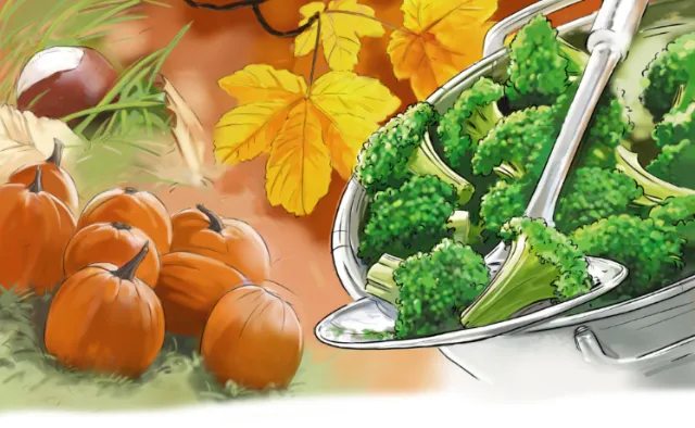 Colorful sketch of pumpkins and brocolli