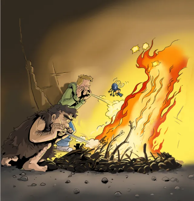 colorful sketch of people blowing fire