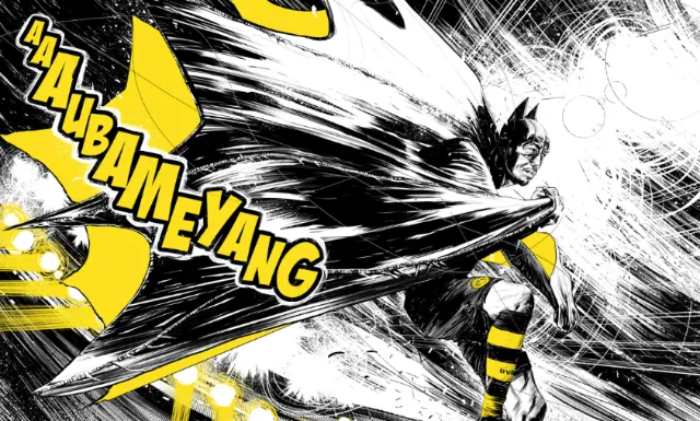 Comic superhero in black and yellow costume with dynamic action scene by POW!!!