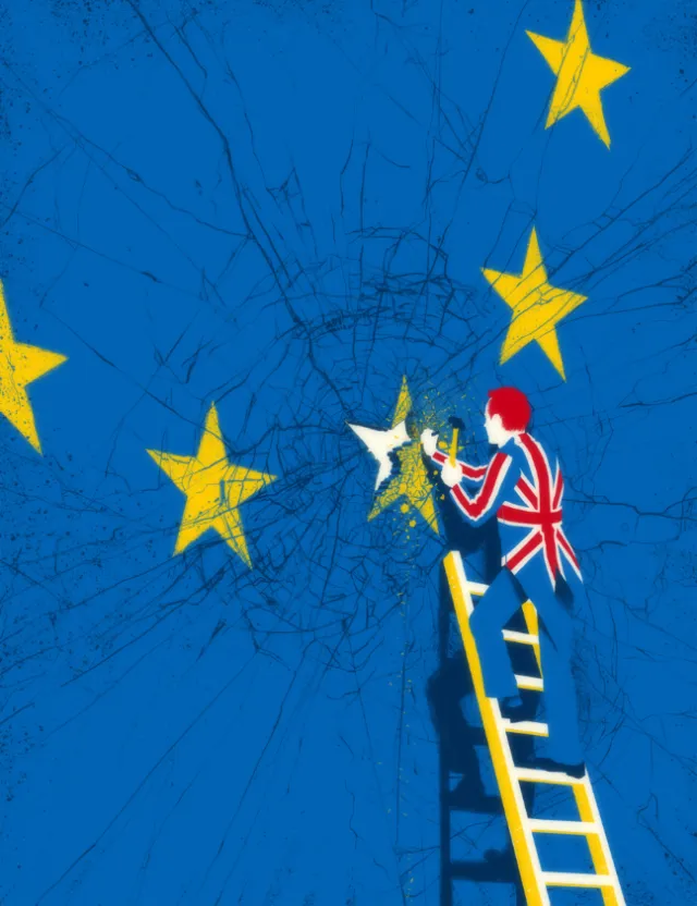 Person in Union Jack sweater replacing a star on EU flag by POW!!!