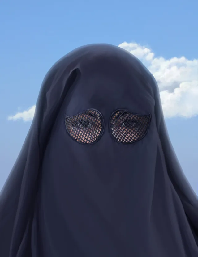 Person in black niqab with mesh eye covering under blue sky by POW!!!