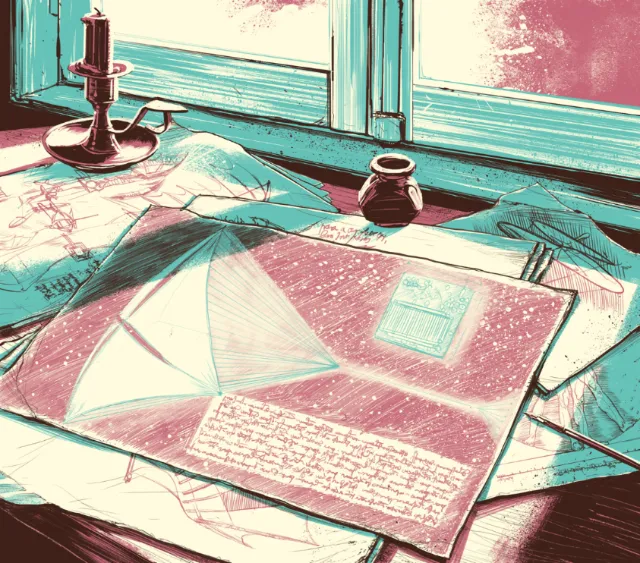 Desk with map, candle holder, and ink bottle by POW!!!